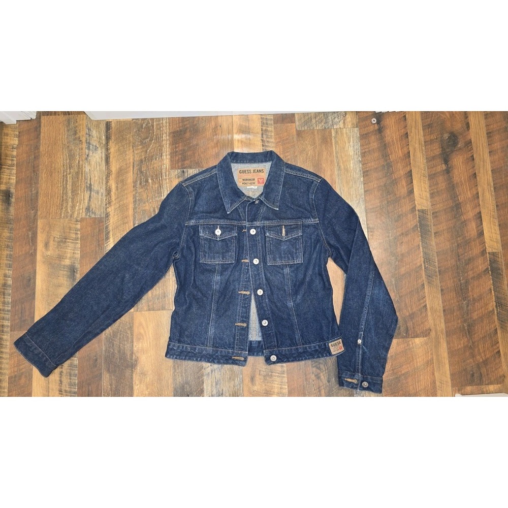 Vintage GUESS JEANS Workwear Dark Wash Denim Jean Trucker Jacket Sz Large NWOT